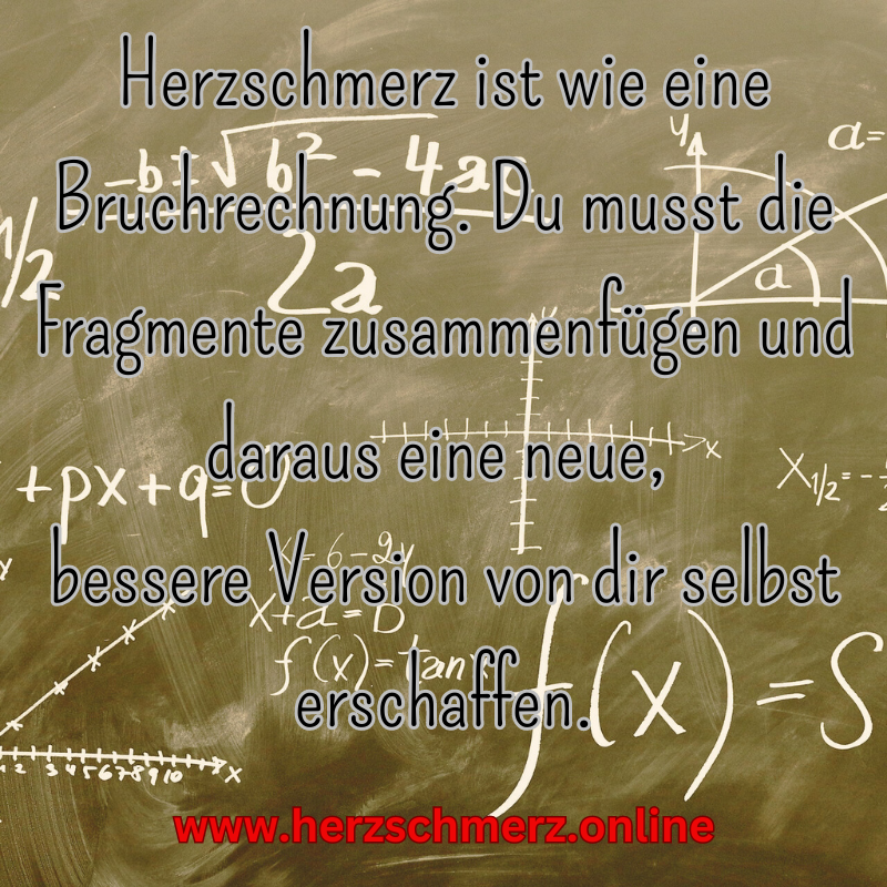 Herzschmerz ist wie eine Bruchrechnung. Du musst die Fragmente zusammenfügen und daraus eine neue, bessere Version von dir selbst erschaffen.